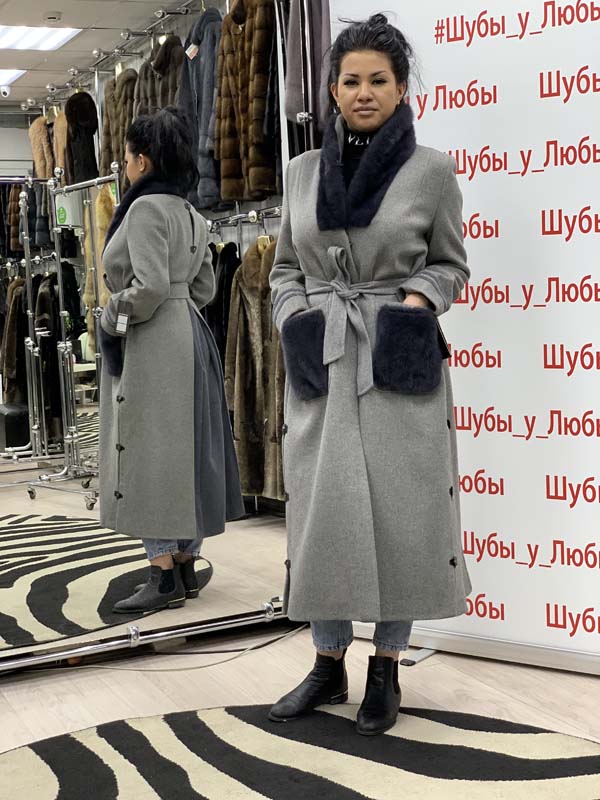 Пальто кашемировое, производство Турция, комбинированное норкой, цвет серый