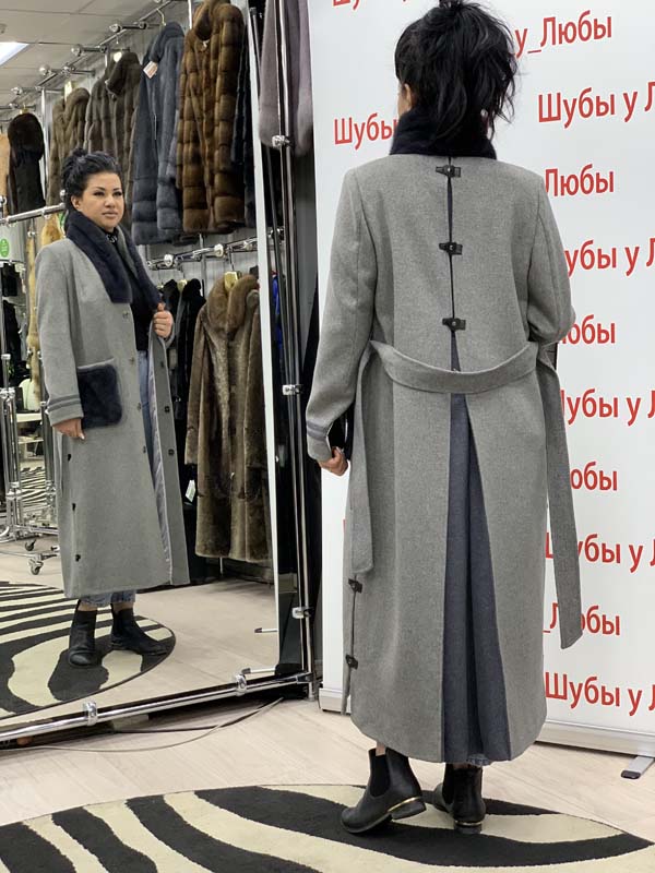 Пальто кашемировое, производство Турция, комбинированное норкой, цвет серый